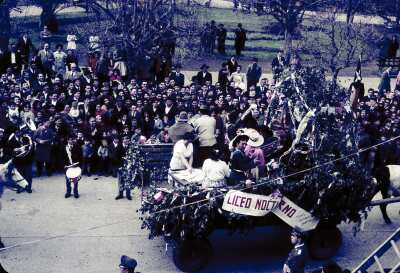 Plano entero de carro decorado con ramas y cartel -Liceo Nocturno- colgando, con personas en su interior, tirado por bueyes, desfilando por calle Prat con gran cantidad de personas observando alrededor